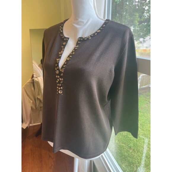 Talbots Silk Sweater Plus Size Petite Brown Beaded Tight Knit - Picture 1 of 12